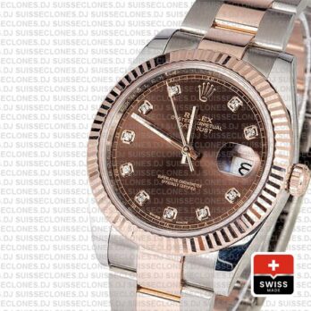 Rolex Datejust 41 Oyster 2 Tone 18k Rose Gold Fluted Bezel Chocolate Dial Diamond Markers 126331 Swiss Replica