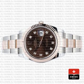 Rolex Datejust 41 Oyster 2 Tone 18k Rose Gold Fluted Bezel Chocolate Dial Diamond Markers 126331 Swiss Replica