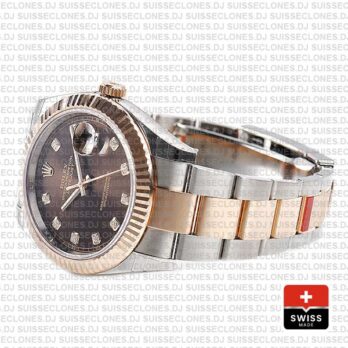 Rolex Datejust 41 Oyster 2 Tone 18k Rose Gold Fluted Bezel Chocolate Dial Diamond Markers 126331 Swiss Replica