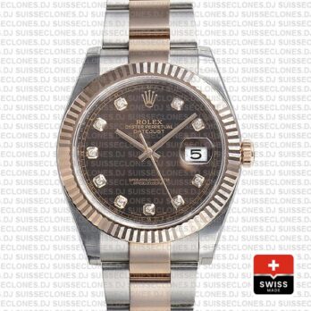 Rolex Datejust 41 Oyster 2 Tone 18k Rose Gold Fluted Bezel Chocolate Dial Diamond Markers 126331 Swiss Replica