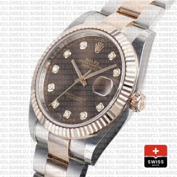 Rolex Datejust 41 Oyster 2 Tone 18k Rose Gold Fluted Bezel Chocolate Dial Diamond Markers 126331 Swiss Replica