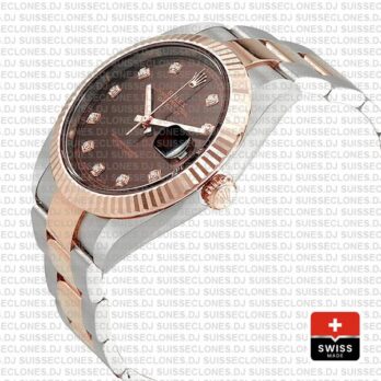 Rolex Datejust 41 Oyster 2 Tone 18k Rose Gold Fluted Bezel Chocolate Dial Diamond Markers 126331 Swiss Replica