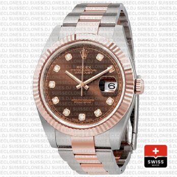 Rolex Datejust 41 Oyster 2 Tone 18k Rose Gold Fluted Bezel Chocolate Dial Diamond Markers 126331 Swiss Replica