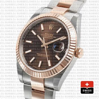 Rolex Datejust 41 Oyster 2 Tone 18k Rose Gold Fluted Bezel Chocolate Dial Stick Markers 126331 Swiss Replica