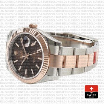 Rolex Datejust 41 Oyster 2 Tone 18k Rose Gold Fluted Bezel Chocolate Dial Stick Markers 126331 Swiss Replica