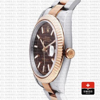 Rolex Datejust 41 Oyster 2 Tone 18k Rose Gold Fluted Bezel Chocolate Dial Stick Markers 126331 Swiss Replica