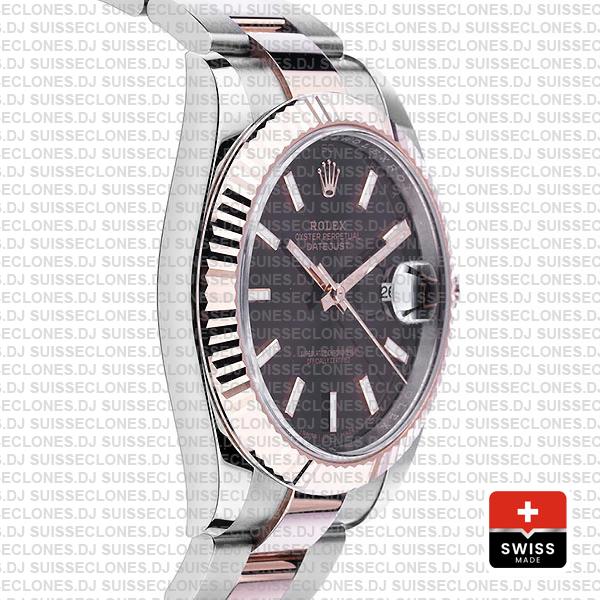 Rolex Datejust 41 Oyster 2 Tone 18k Rose Gold Fluted Bezel Chocolate Dial Stick Markers 126331 Swiss Replica