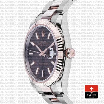 Rolex Datejust 41 Oyster 2 Tone 18k Rose Gold Fluted Bezel Chocolate Dial Stick Markers 126331 Swiss Replica