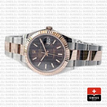 Rolex Datejust 41 Oyster 2 Tone 18k Rose Gold Fluted Bezel Chocolate Dial Stick Markers 126331 Swiss Replica