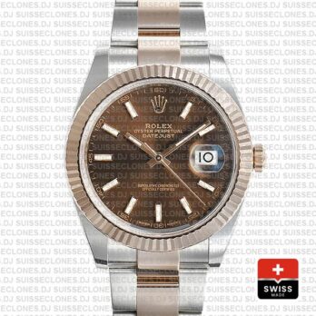 Rolex Datejust 41 Oyster 2 Tone 18k Rose Gold Fluted Bezel Chocolate Dial Stick Markers 126331 Swiss Replica