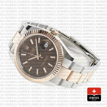 Rolex Datejust 41 Oyster 2 Tone 18k Rose Gold Fluted Bezel Chocolate Dial Stick Markers 126331 Swiss Replica