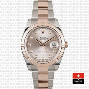 Rolex Datejust 41 Oyster 2 Tone 18k Rose Gold Fluted Bezel Pink Dial Diamond Markers 126331 Swiss Replica