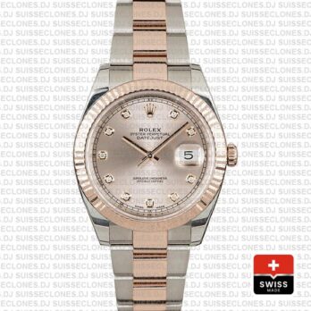 Rolex Datejust 41 Oyster 2 Tone 18k Rose Gold Fluted Bezel Pink Dial Diamond Markers 126331 Swiss Replica