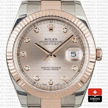 Rolex Datejust 41 Oyster 2 Tone 18k Rose Gold Fluted Bezel Pink Dial Diamond Markers 126331 Swiss Replica