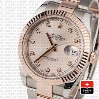 Rolex Datejust 41 Oyster 2 Tone 18k Rose Gold Fluted Bezel Pink Dial Diamond Markers 126331 Swiss Replica