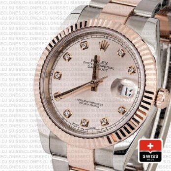 Rolex Datejust 41 Oyster 2 Tone 18k Rose Gold Fluted Bezel Pink Dial Diamond Markers 126331 Swiss Replica