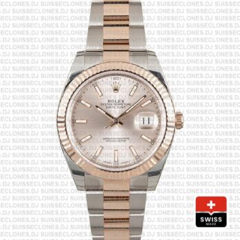 Rolex Datejust 41 Oyster 2 Tone 18k Rose Gold Fluted Bezel Pink Dial Stick Markers 126331 Swiss Replica