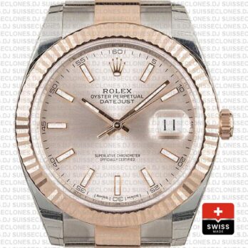 Rolex Datejust 41 Oyster 2 Tone 18k Rose Gold Fluted Bezel Pink Dial Stick Markers 126331 Swiss Replica