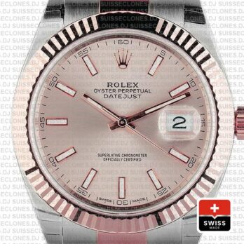 Rolex Datejust 41 Oyster 2 Tone 18k Rose Gold Fluted Bezel Pink Dial Stick Markers 126331 Swiss Replica