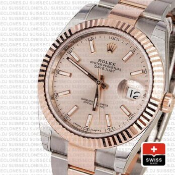 Rolex Datejust 41 Oyster 2 Tone 18k Rose Gold Fluted Bezel Pink Dial Stick Markers 126331 Swiss Replica