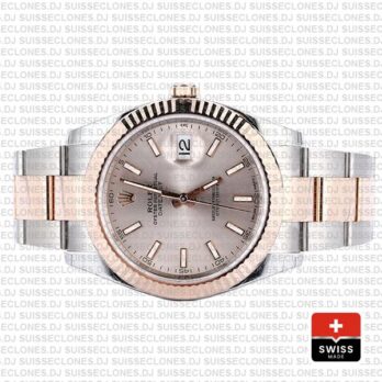 Rolex Datejust 41 Oyster 2 Tone 18k Rose Gold Fluted Bezel Pink Dial Stick Markers 126331 Swiss Replica