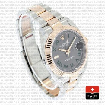 Rolex Datejust 41 Oyster 2 Tone 18k Rose Gold Fluted Bezel Slate Grey Dial Roman Markers 126331 Swiss Replica