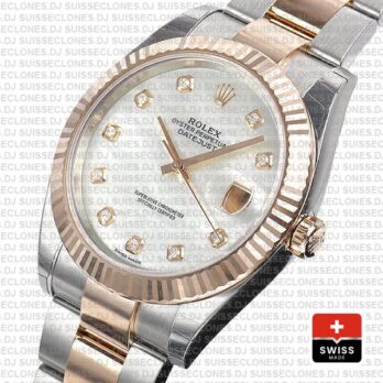 Rolex Datejust 41 Oyster 2 Tone 18k Rose Gold Fluted Bezel White Mop Dial Diamond Markers 126331 Swiss Replica