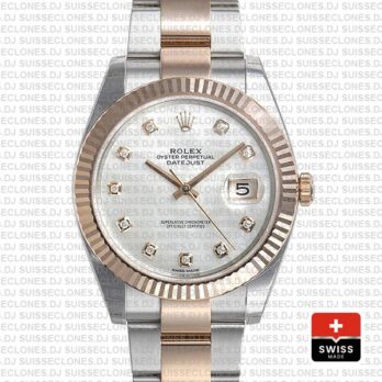 Rolex Datejust Two-Tone 18k Rose Gold, Fluted Bezel White Mother of Pearl Diamond Dial Replica