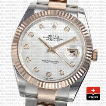 Rolex Datejust Two-Tone 18k Rose Gold, Fluted Bezel White Mother of Pearl Diamond Dial 41mm