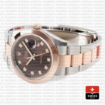 Rolex Datejust 41 Oyster 2 Tone 18k Rose Gold Smooth Bezel Chocolate Dial Diamond Markers 126301 Swiss Replica