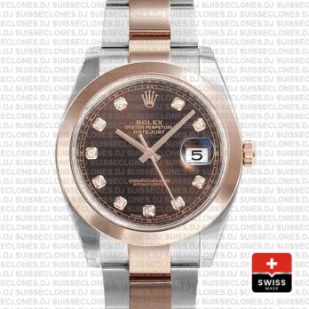 Rolex Datejust 41 Oyster 2 Tone 18k Rose Gold Smooth Bezel Chocolate Dial Diamond Markers 126301 Swiss Replica