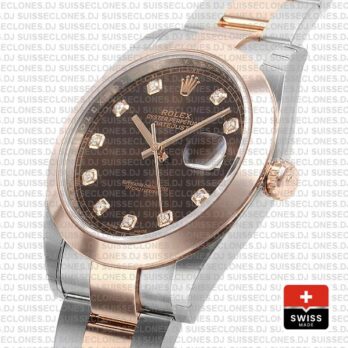 Rolex Datejust 41 Oyster 2 Tone 18k Rose Gold Smooth Bezel Chocolate Dial Diamond Markers 126301 Swiss Replica