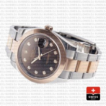 Rolex Datejust Oyster Two-Tone 18k Rose Gold Smooth Bezel Chocolate Dial