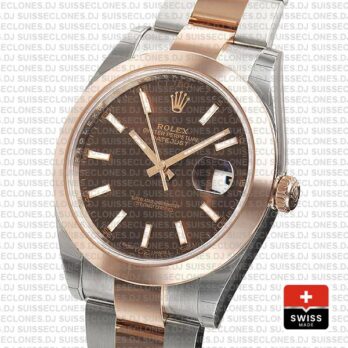 Rolex Datejust 41 Oyster 2 Tone 18k Rose Gold Smooth Bezel Chocolate Dial Stick Markers 126301 Swiss Replica