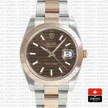 Rolex Datejust 41 Oyster 2 Tone 18k Rose Gold Smooth Bezel Chocolate Dial Stick Markers 126301 Swiss Replica