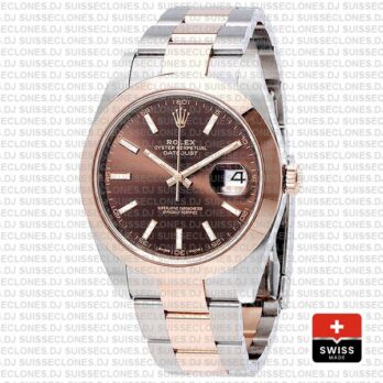 Rolex Datejust 41 Oyster 2 Tone 18k Rose Gold Smooth Bezel Chocolate Dial Stick Markers 126301 Swiss Replica