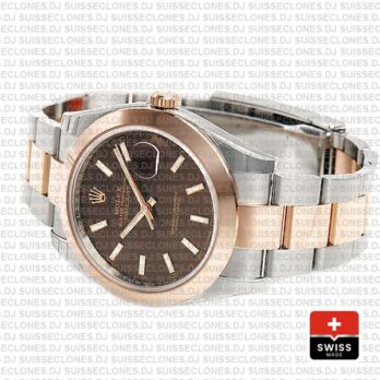 Rolex Datejust 41 Oyster 2 Tone 18k Rose Gold Smooth Bezel Chocolate Dial Stick Markers 126301 Swiss Replica