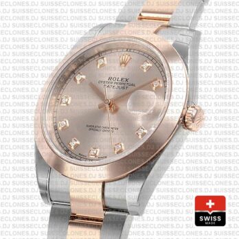 Rolex Datejust 41 Oyster 2 Tone 18k Rose Gold Smooth Bezel Pink Dial Diamond Markers 126301 Swiss Replica