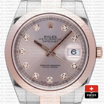 Rolex Datejust 41 Oyster 2 Tone 18k Rose Gold Smooth Bezel Pink Dial Diamond Markers 126301 Swiss Replica