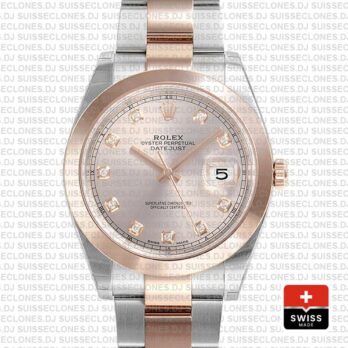 Rolex Datejust 41 Oyster 2 Tone 18k Rose Gold Smooth Bezel Pink Dial Diamond Markers 126301 Swiss Replica