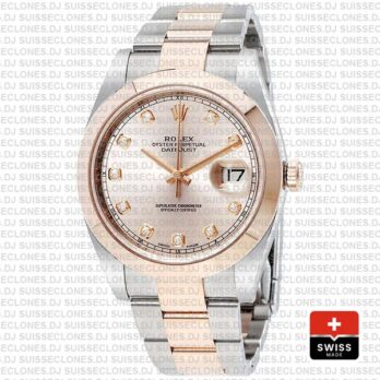 Rolex Datejust 41mm Two-Tone 18k Rose Gold 904L Steel Smooth Bezel Pink Dial Diamond Markers