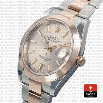 Rolex Datejust 41 Oyster 2 Tone 18k Rose Gold Smooth Bezel Pink Dial Stick Markers 126301 Swiss Replica