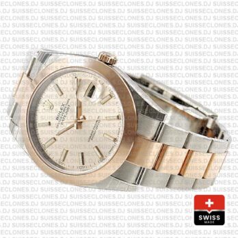 Rolex Datejust 41 Oyster 2 Tone 18k Rose Gold Smooth Bezel Pink Dial Stick Markers 126301 Swiss Replica