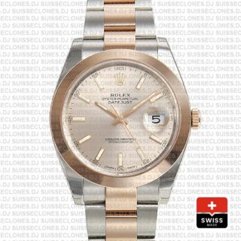 Rolex Datejust 41 Oyster 2 Tone 18k Rose Gold Smooth Bezel Pink Dial Stick Markers 126301 Swiss Replica