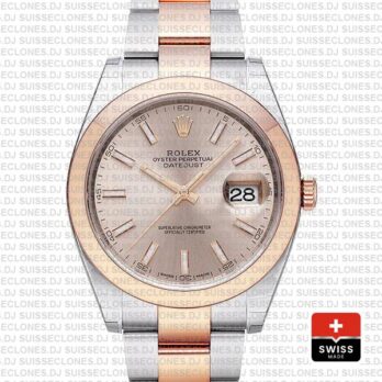 Rolex Datejust 41 Oyster 2 Tone 18k Rose Gold Smooth Bezel Pink Dial Stick Markers 126301 Swiss Replica