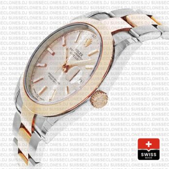 Rolex Datejust 41 Oyster 2 Tone 18k Rose Gold Smooth Bezel Pink Dial Stick Markers 126301 Swiss Replica