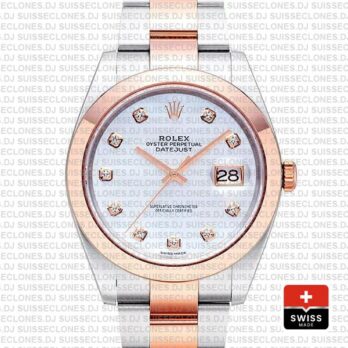 Rolex Datejust 41 Oyster 2 Tone 18k Rose Gold Smooth Bezel White Mop Dial Diamond Markers 126301 Swiss Replica