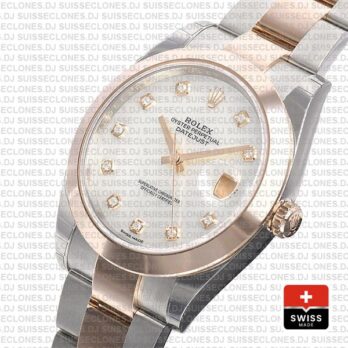 Rolex Datejust 41 Oyster 2 Tone 18k Rose Gold Smooth Bezel White Mop Dial Diamond Markers 126301 Swiss Replica