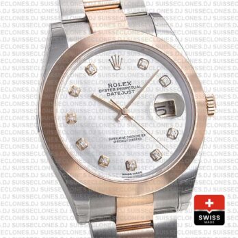 Rolex Datejust 41 Oyster 2 Tone 18k Rose Gold Smooth Bezel White Mop Dial Diamond Markers 126301 Swiss Replica