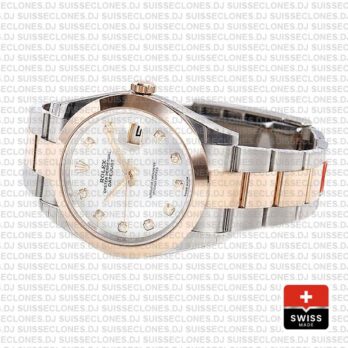 Rolex Datejust 41 Oyster 2 Tone 18k Rose Gold Smooth Bezel White Mop Dial Diamond Markers 126301 Swiss Replica